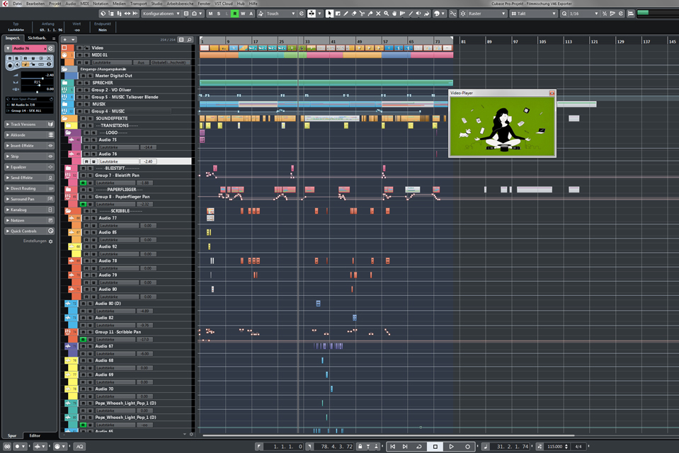 Das Arrangementfenster der DAW Cubase bei der Vertonung eines Explainer Videos