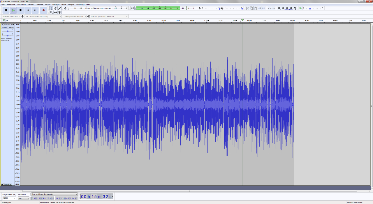 Ansicht eines Audio Files eines Interviews in der DAW Audacity