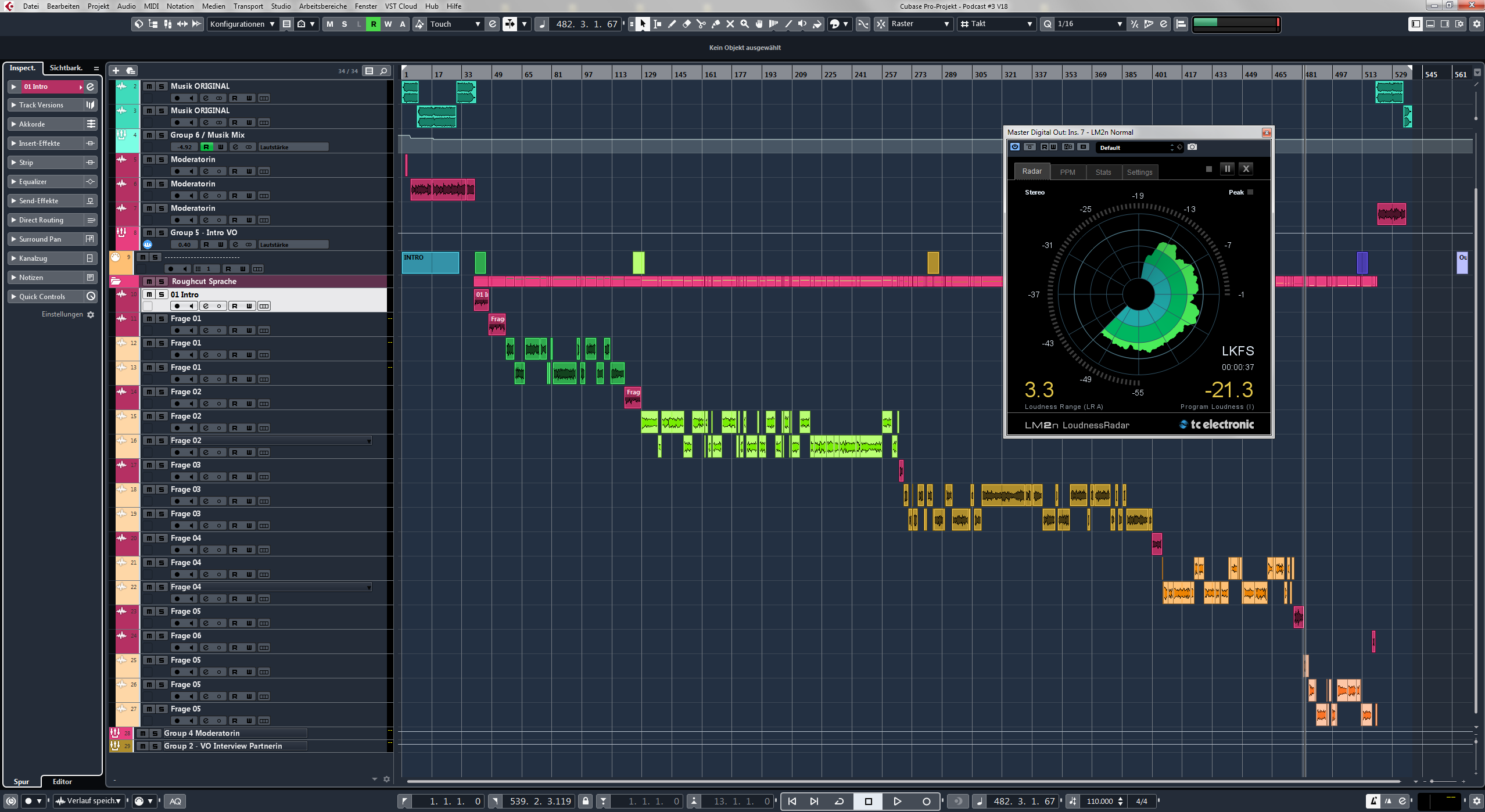 Ansicht eines Podcastprojektes in der DAW Cubase